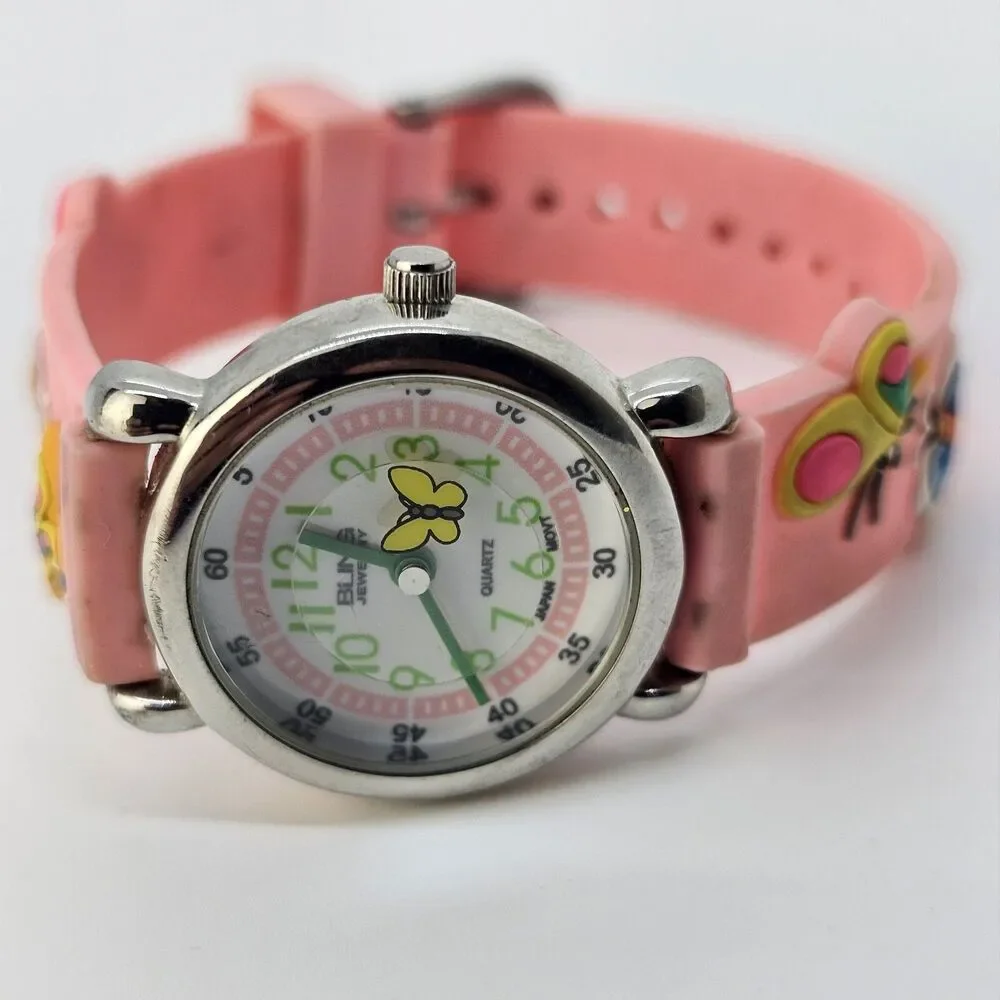 Floating Butterfly Second Hand Kids Watch 27MM White Dial Pink Bands New Battery